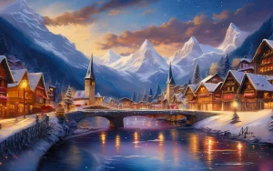 Winter Scene Art. A beautiful Tranquil lighted village in North Eastern Europe